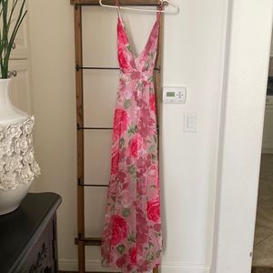 Rubber Ducky Brand Pink Floral Polyester Long Gown Size Med Worn 1 Time Exc cond